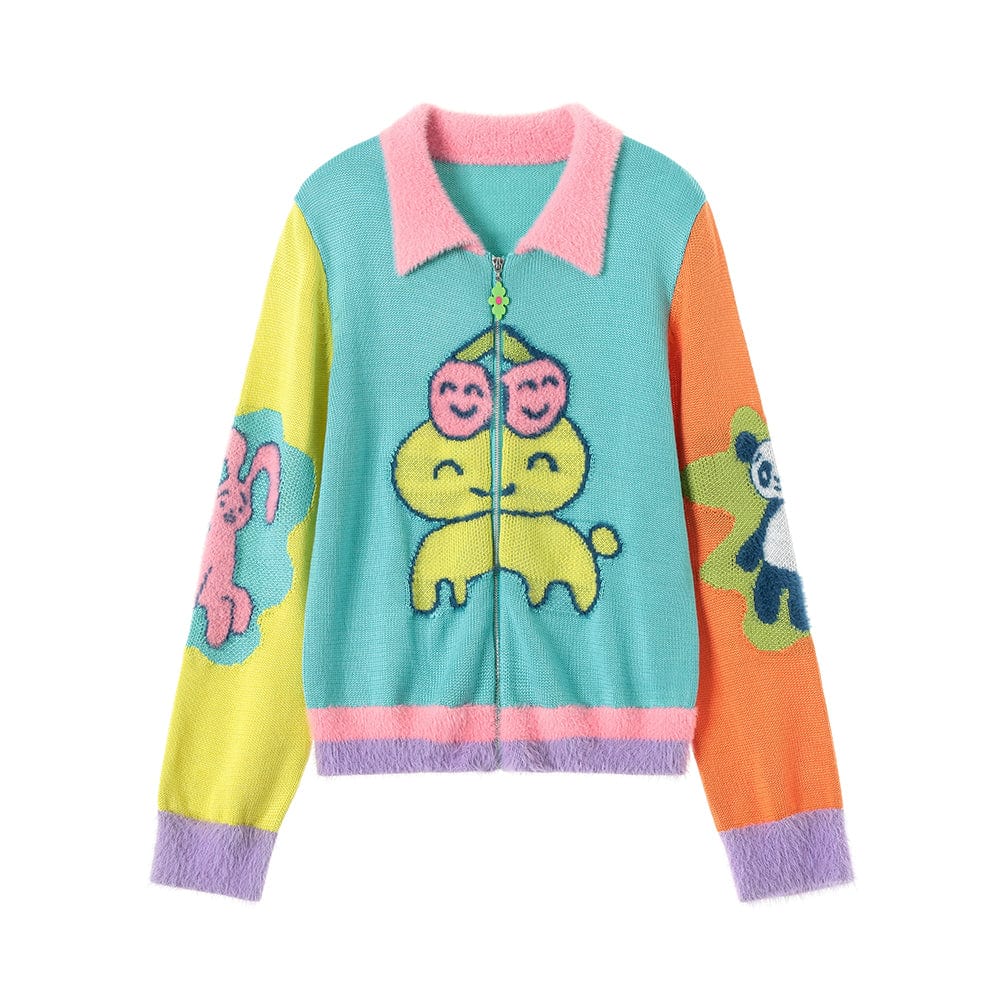 Pink Kawaii Women's Contrast Color Cartoon Knitted Zipper Cardigan