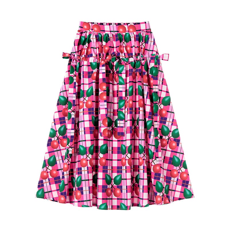 Pink Kawaii Women's Drawstring Cherry Printed Plaid Skirt