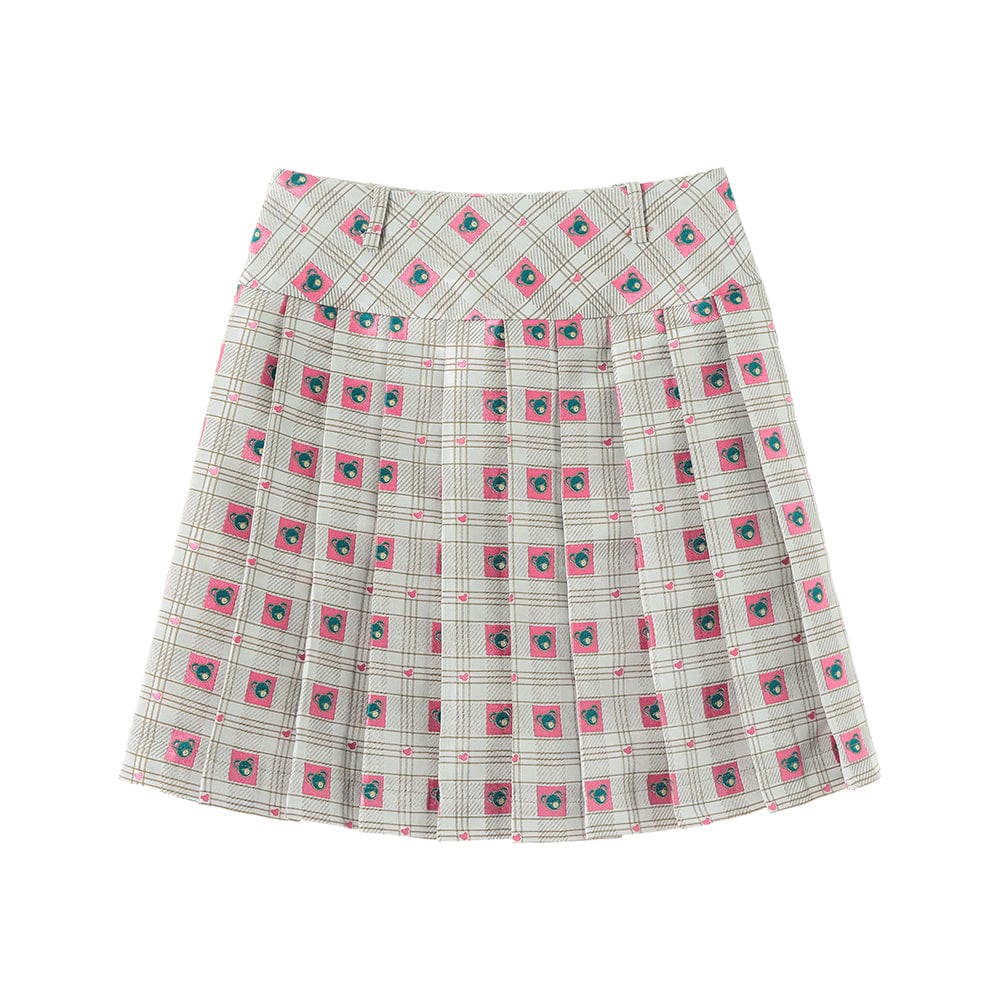 Pink Kawaii Women's Kawaii Bear Embroidered Plaid Pleated Skirt