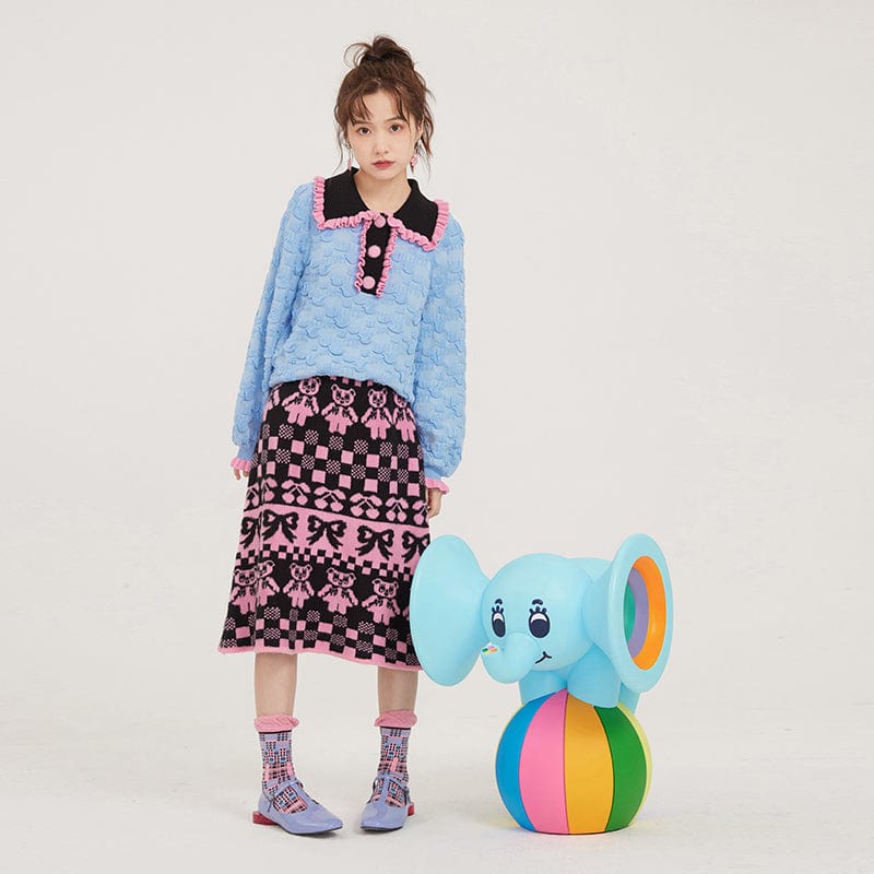 Pink Kawaii Women's Plaid Bear Knitted Skirt