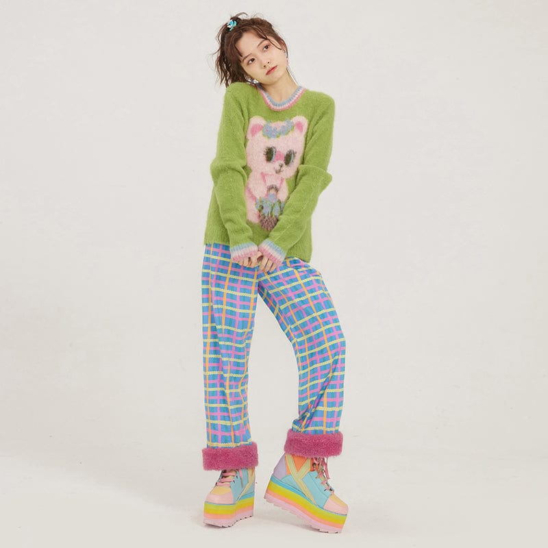 Pink Kawaii Women's Plush Splice Plaid Pants