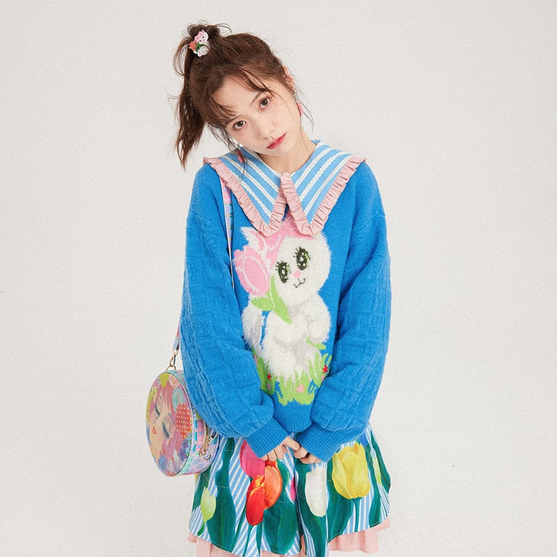 Pink Kawaii Women's Puff Sleeved Cat Knitted Sweater