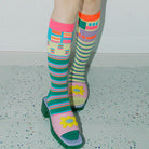Pink Kawaii Women's Stripes Asymmetrical Knee-high Socks