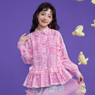 Pink Kawaii Women's Tulip Printed Ruffled Plaid Shirt