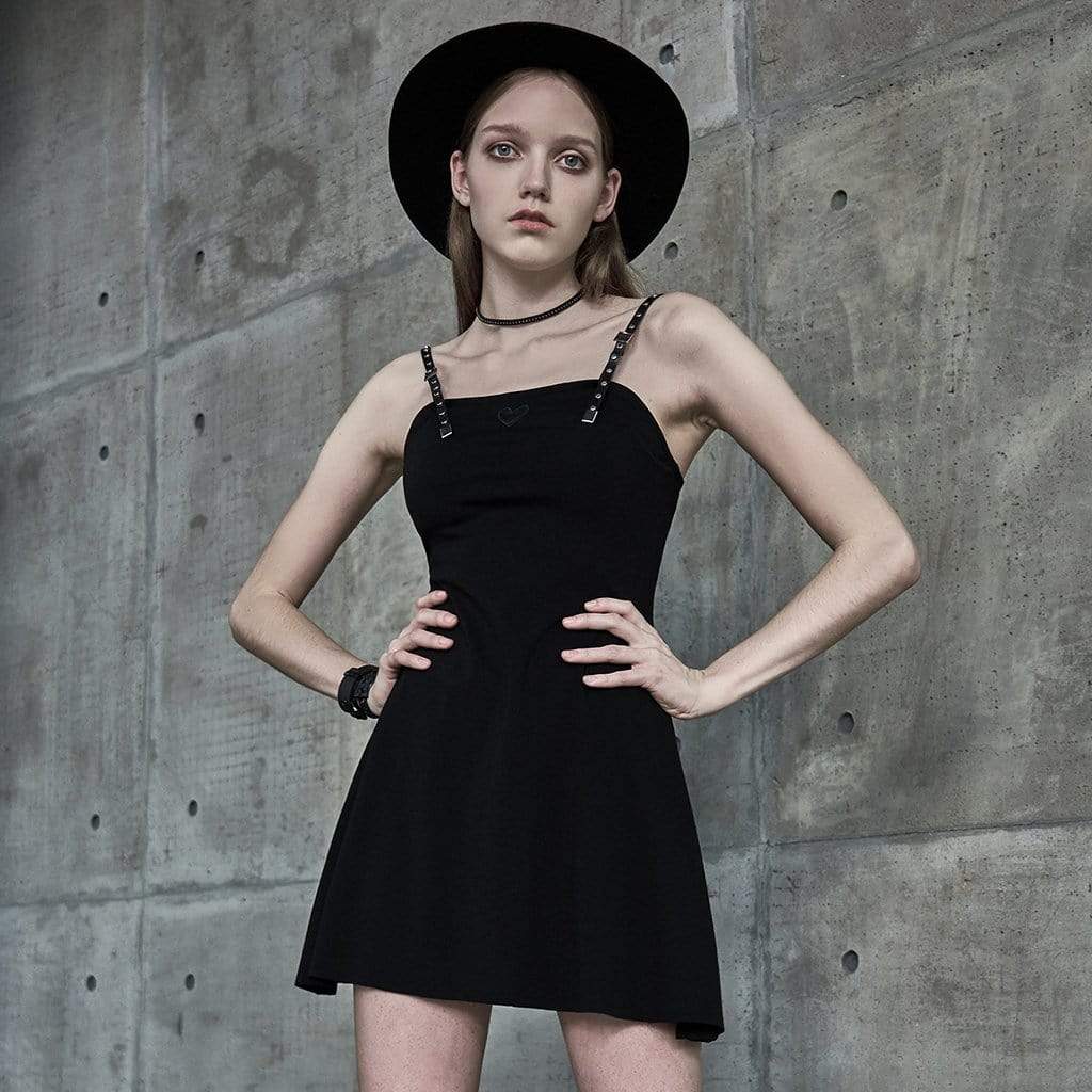 PR-A Women's Adjustable Strapes Heart Pattern Black Little Dresses