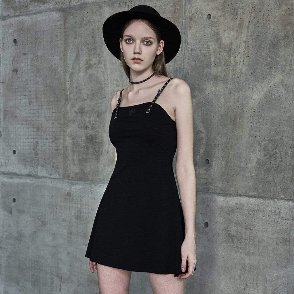 PR-A Women's Adjustable Strapes Heart Pattern Black Little Dresses