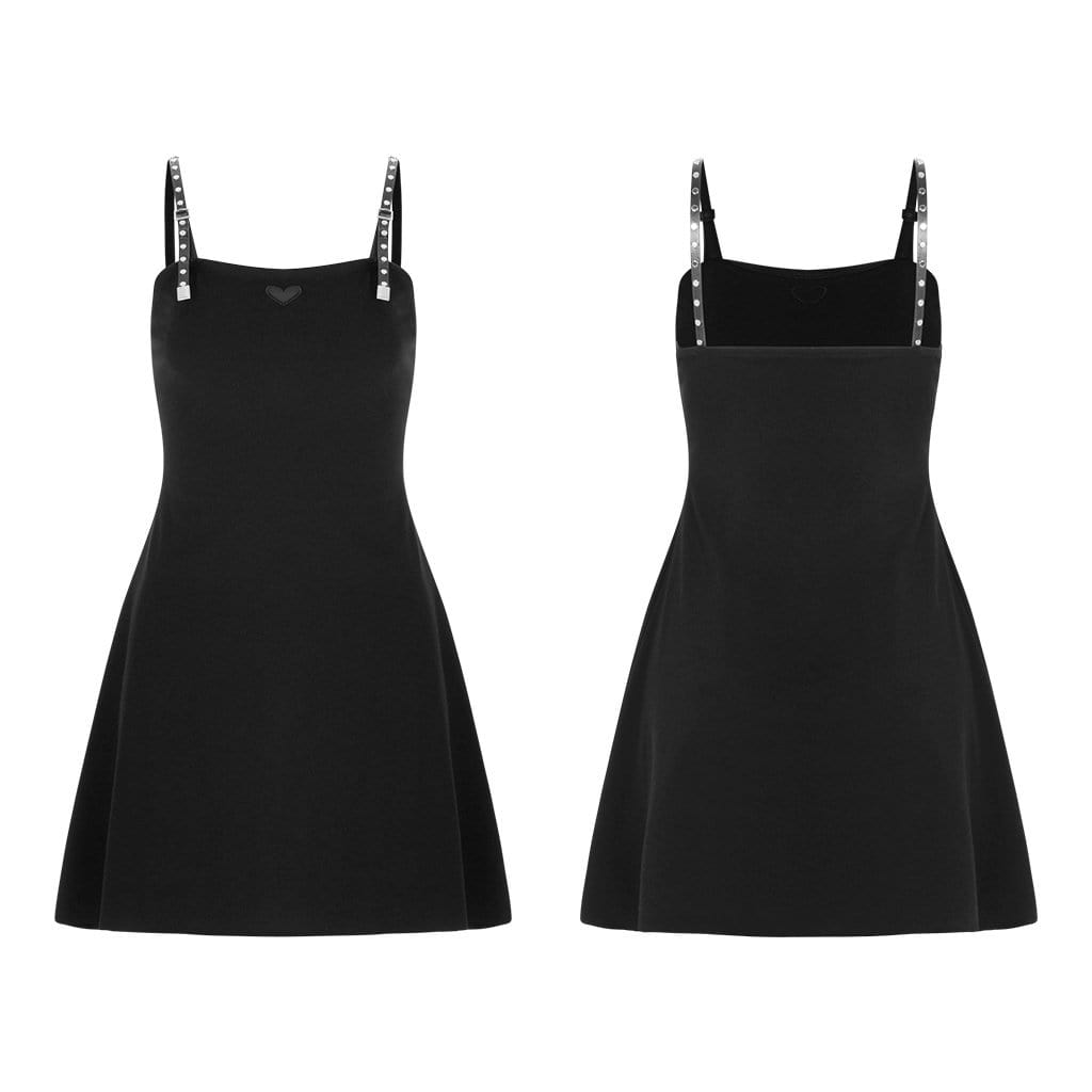 PR-A Women's Adjustable Strapes Heart Pattern Black Little Dresses