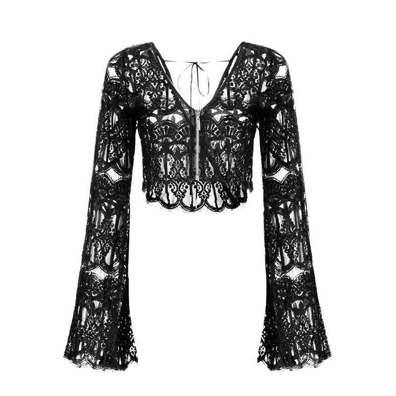 Women's Flare Sleeved Zippered Floral Full Lace Tops