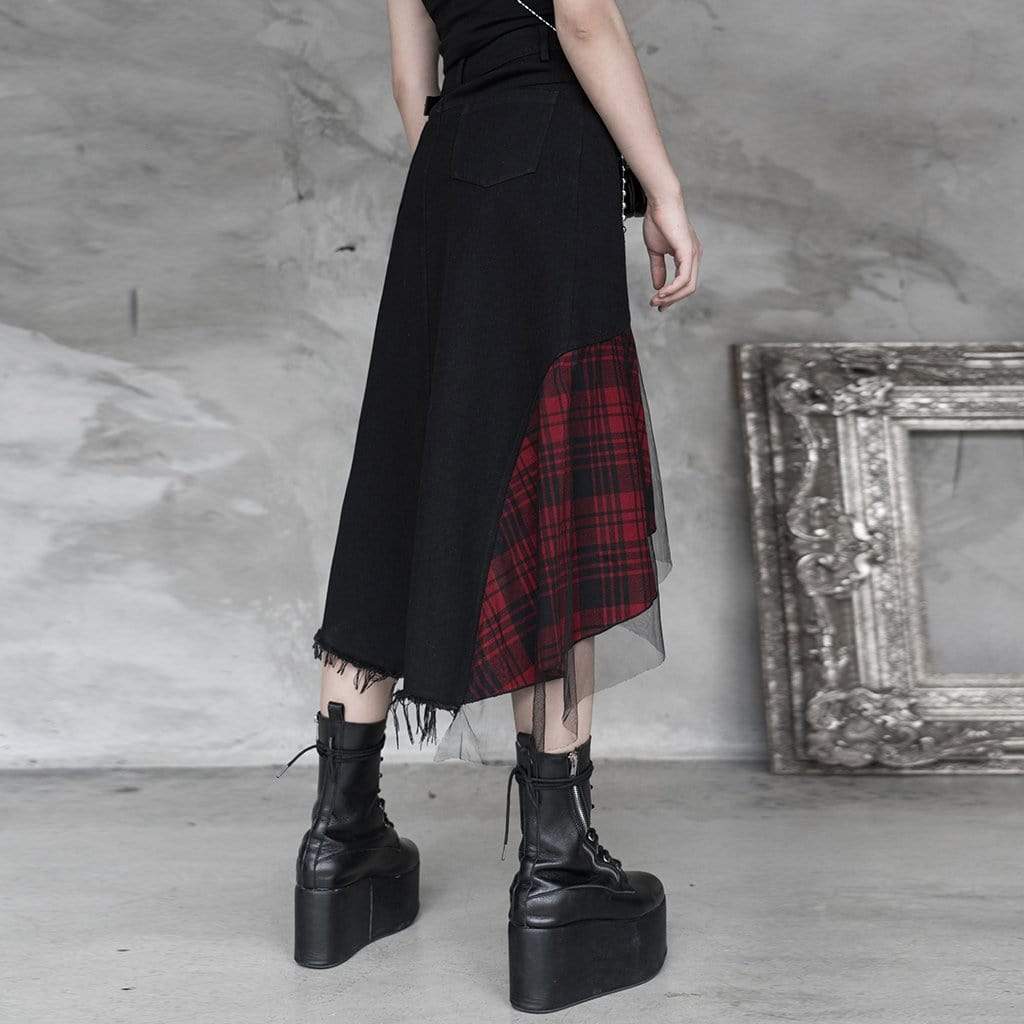 Women's Goth Front Zip High-waisted Plaid Irregular Skirt