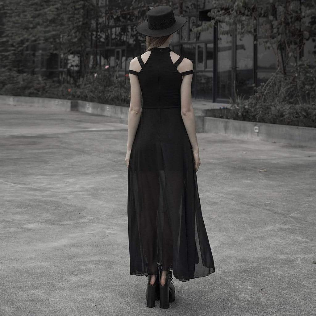 Women's Goth Halter Drop Shoulder Layered Dress