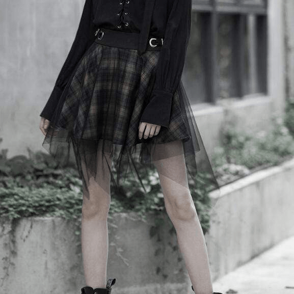 Women's Goth High-waisted Multi-layered Plaid Mesh Skirts