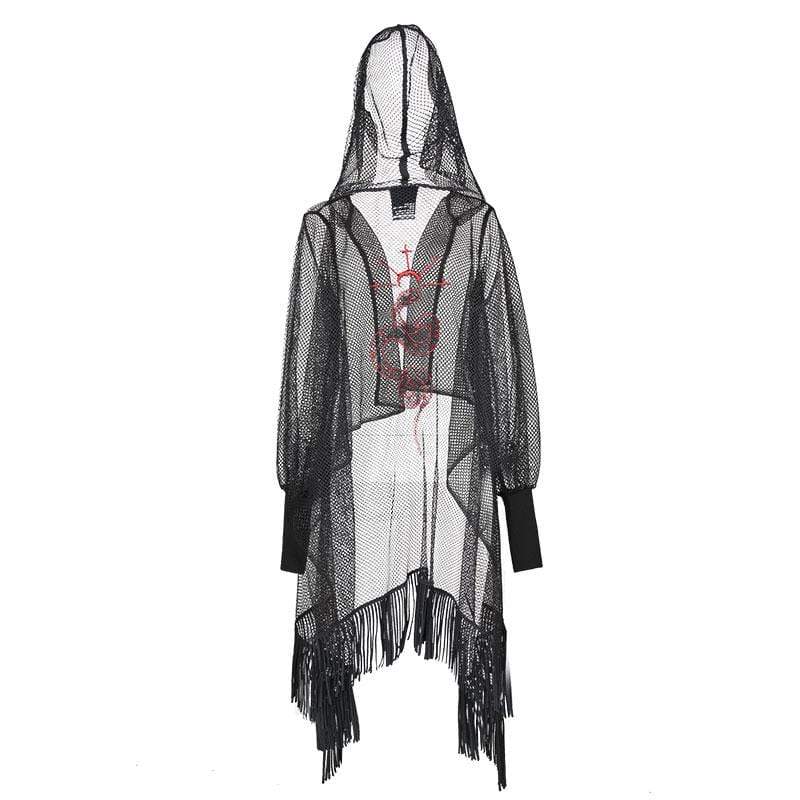 Women's Goth Hooded Mesh Sheer Long Jackets with Tassels