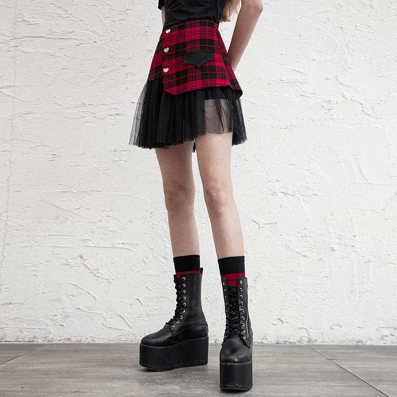 Women's Goth Mesh Irregular Plaid A-line Skirts