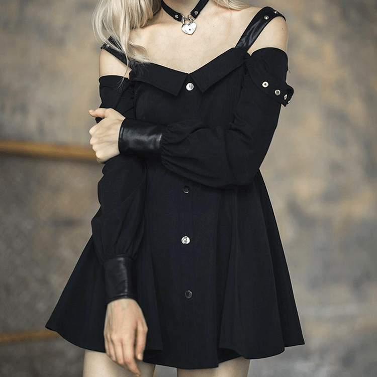 PR-A Women's Goth Off Shoulder Front Buttons Long Sleeved Little Black Dress