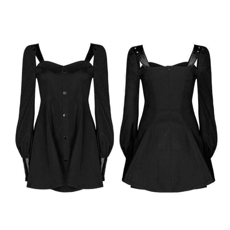 PR-A Women's Goth Off Shoulder Front Buttons Long Sleeved Little Black Dress