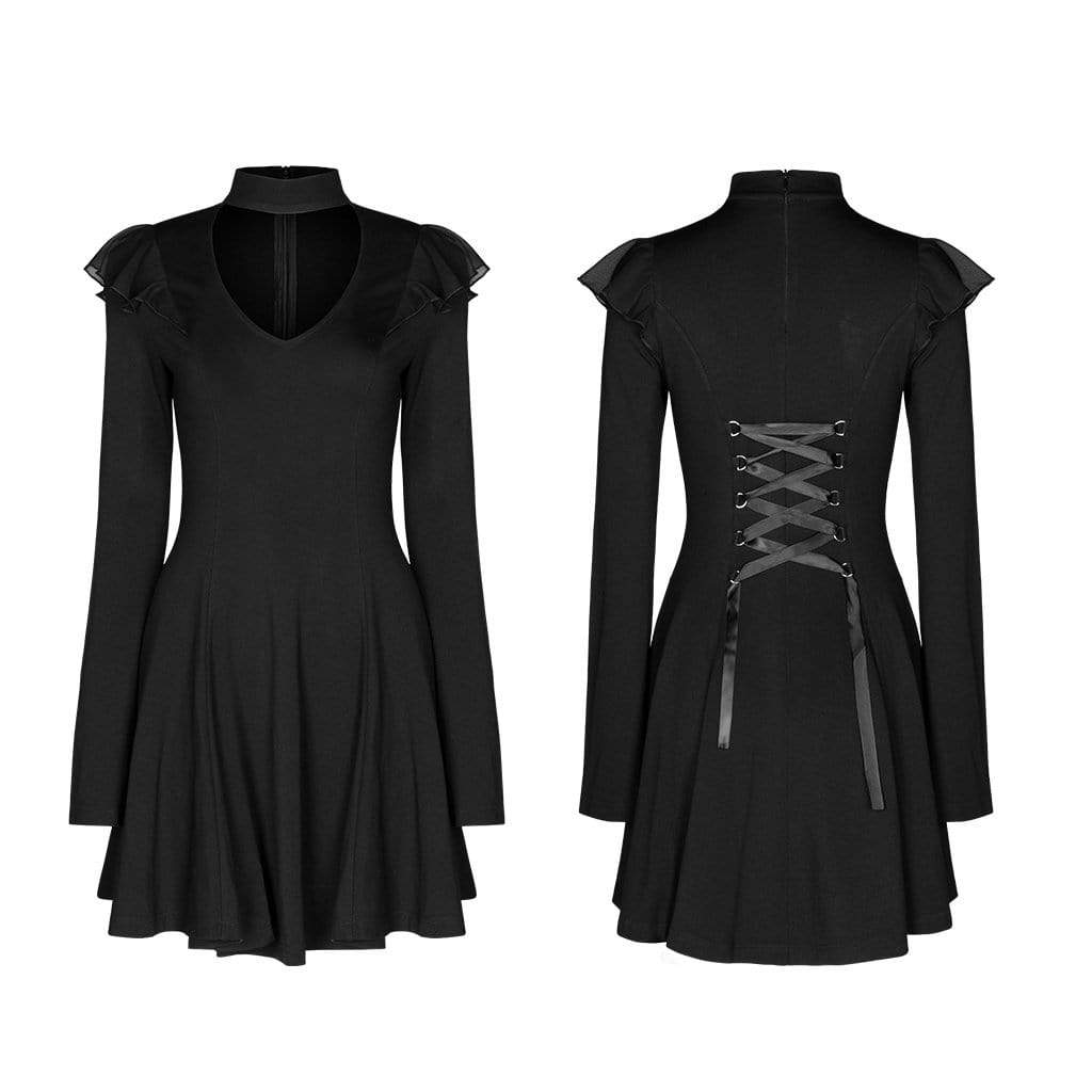 Women's Goth V-neck Flounced Black Little Dress