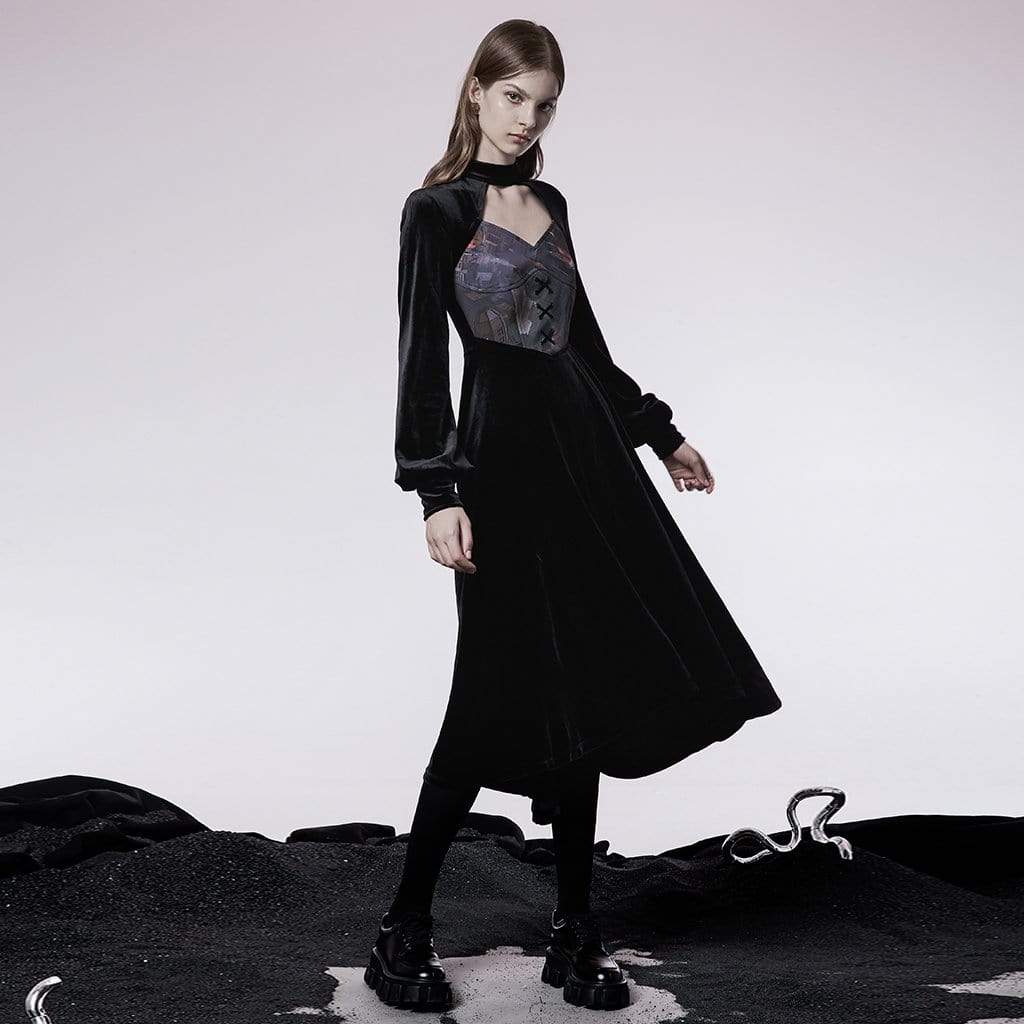 Women's Gothic Cutout Splice Velvet Long Dress