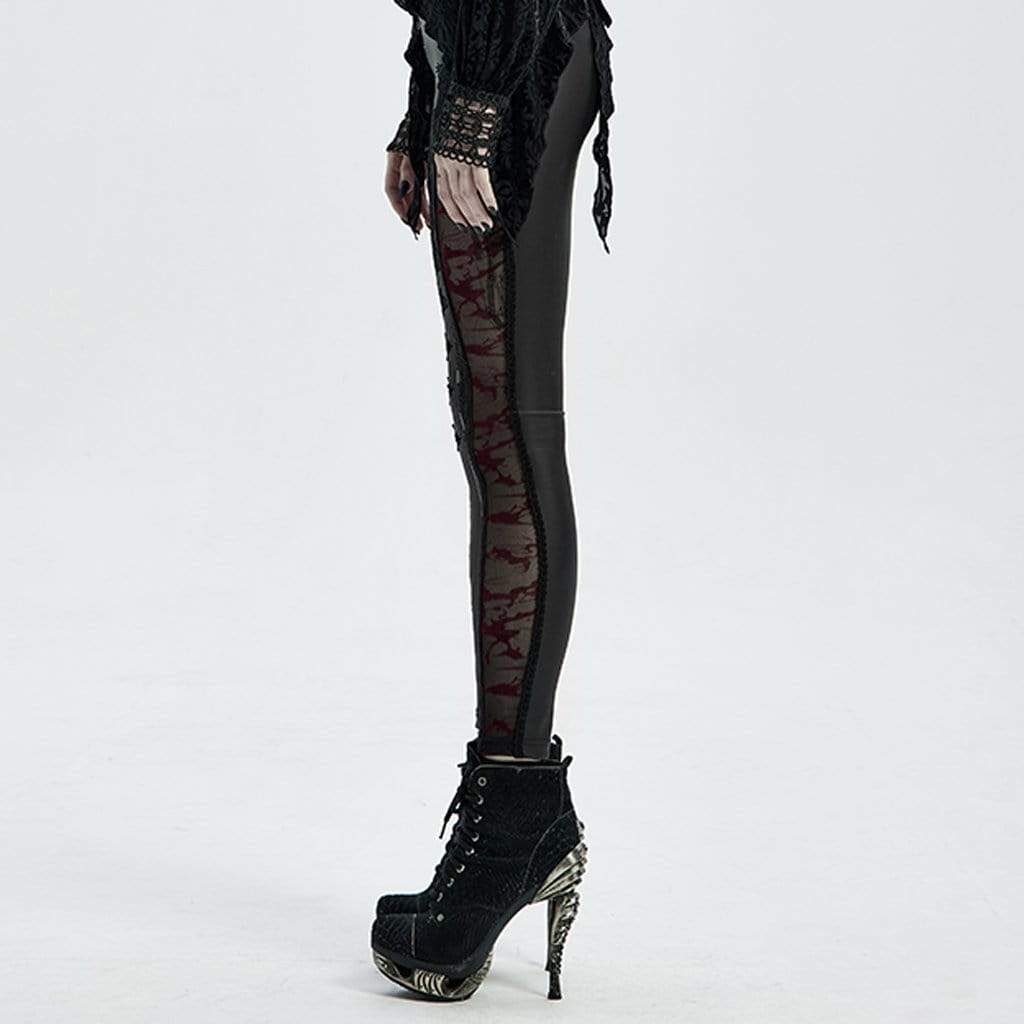 Women's Gothic Floral Sheer Faux Leather Leggings