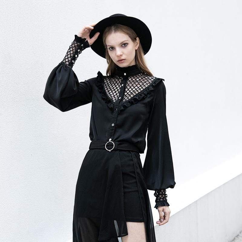 Women's Gothic High Neck Puff Sleeved Stitching Mesh Shirts