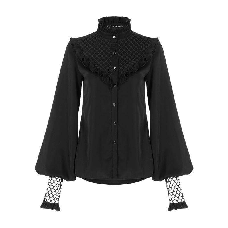 Women's Gothic High Neck Puff Sleeved Stitching Mesh Shirts