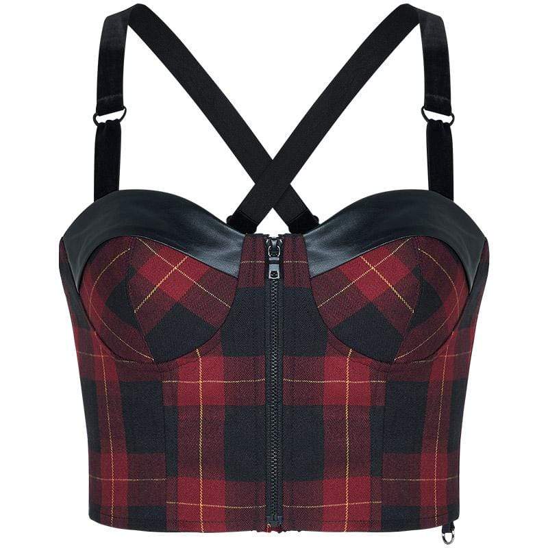 Women's Gothic Plaid Tube Tops With Front-zip