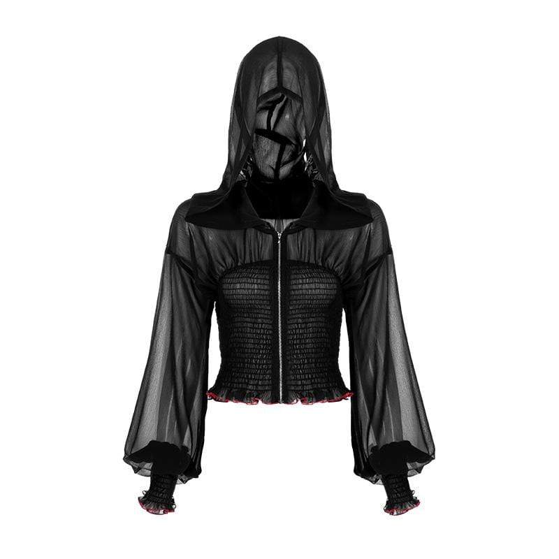 Women's Gothic Puff Sleeved Hooded Ruched Chiffon Sheer Jackets