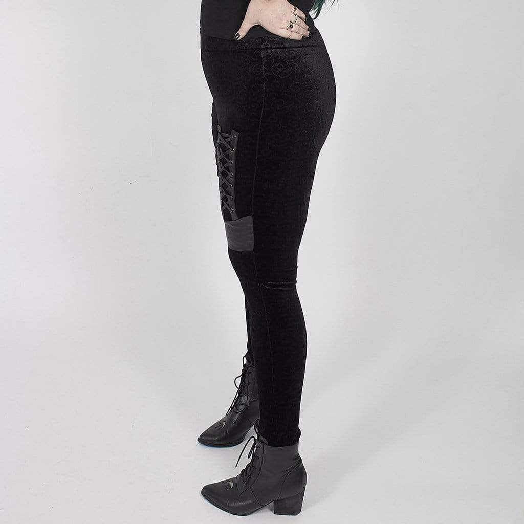 Women's Plus Size Gothic Velvet Jacquard Leggings with Faux Leather Details