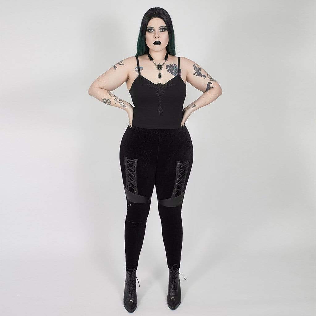 Women's Plus Size Gothic Velvet Jacquard Leggings with Faux Leather Details