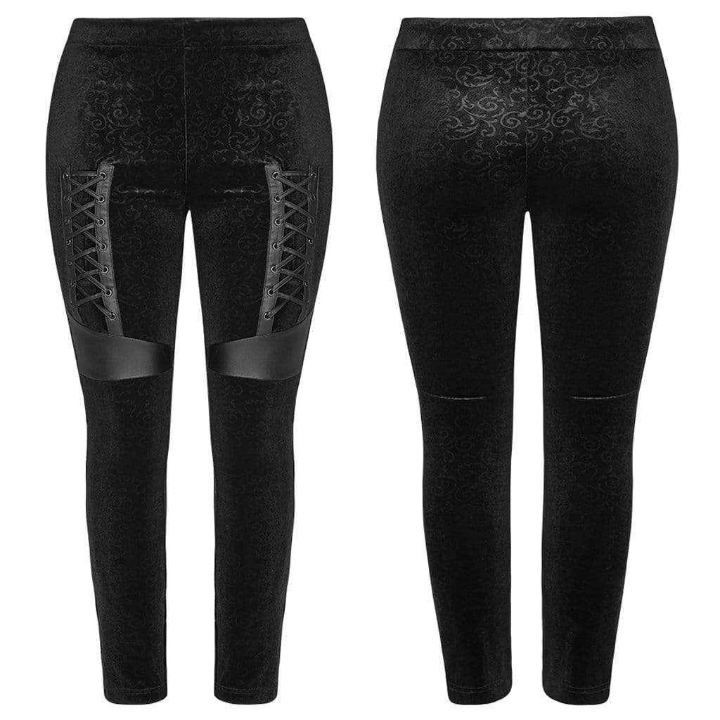 Women's Plus Size Gothic Velvet Jacquard Leggings with Faux Leather Details