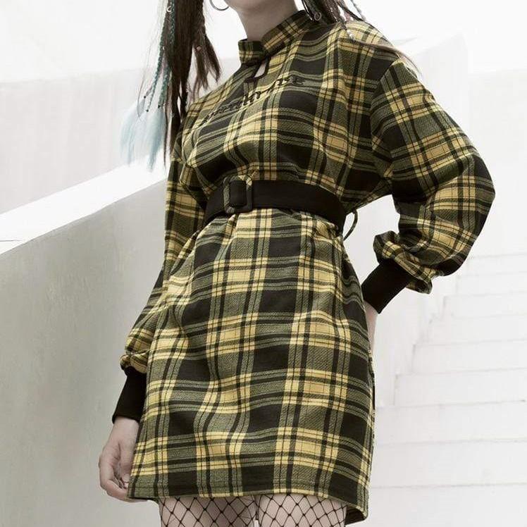 Women's Grunge Autumn Casual Plaid Dresses With Belt