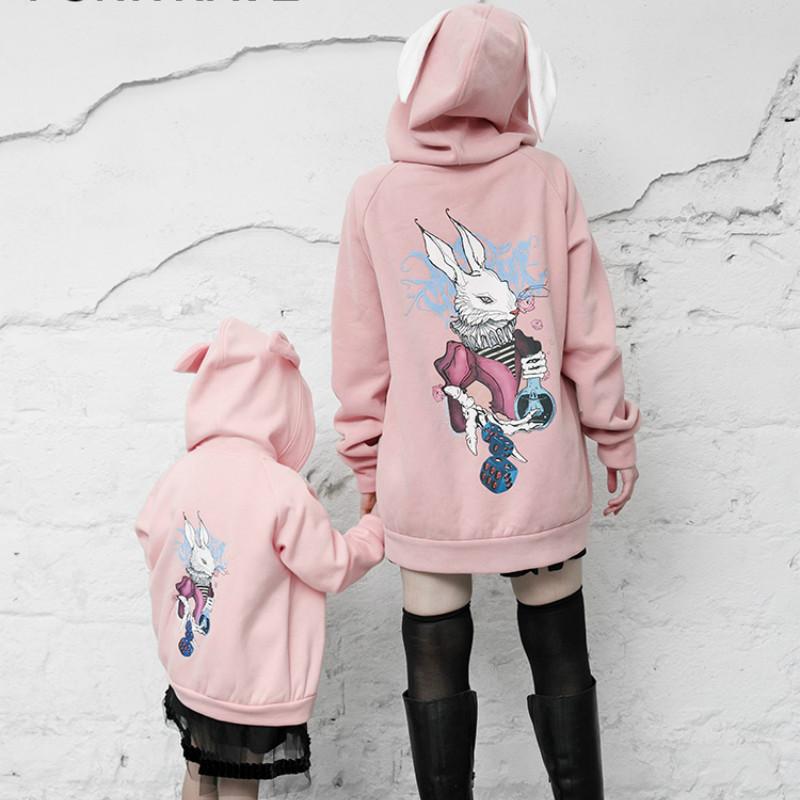 Women's Grunge Bunny Printed Long Coats With Rabbit Ear Hood