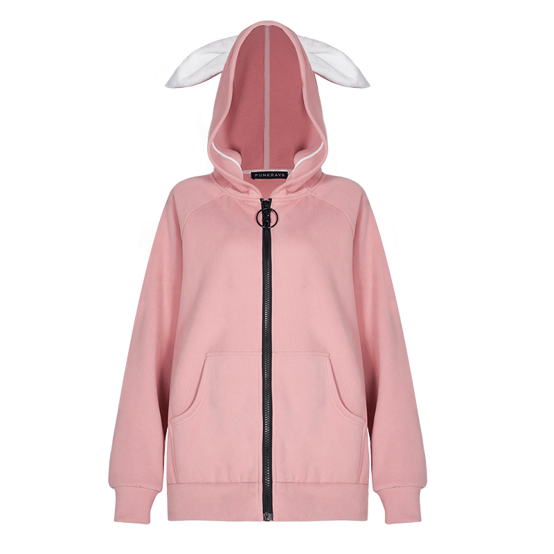 Women's Grunge Bunny Printed Long Coats With Rabbit Ear Hood