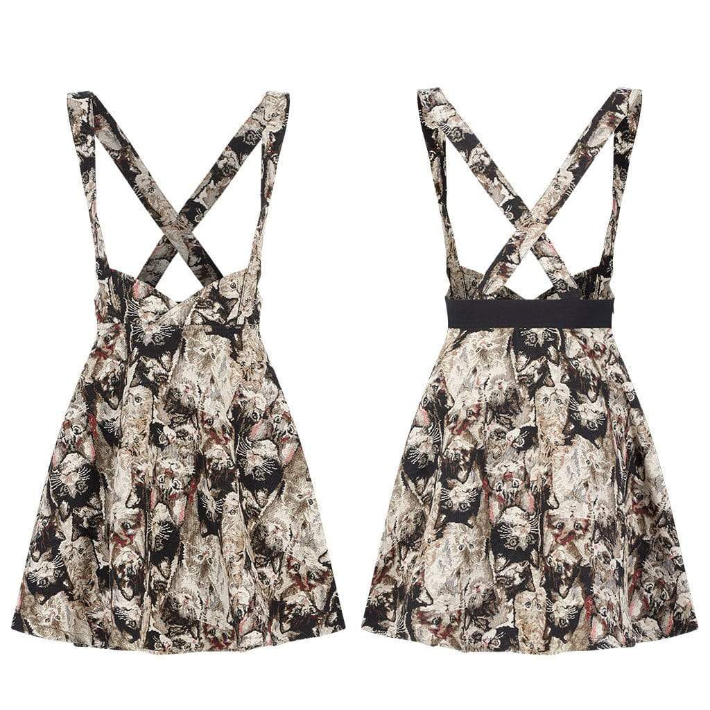 Women's Grunge Cat Printed Suspender Skirt