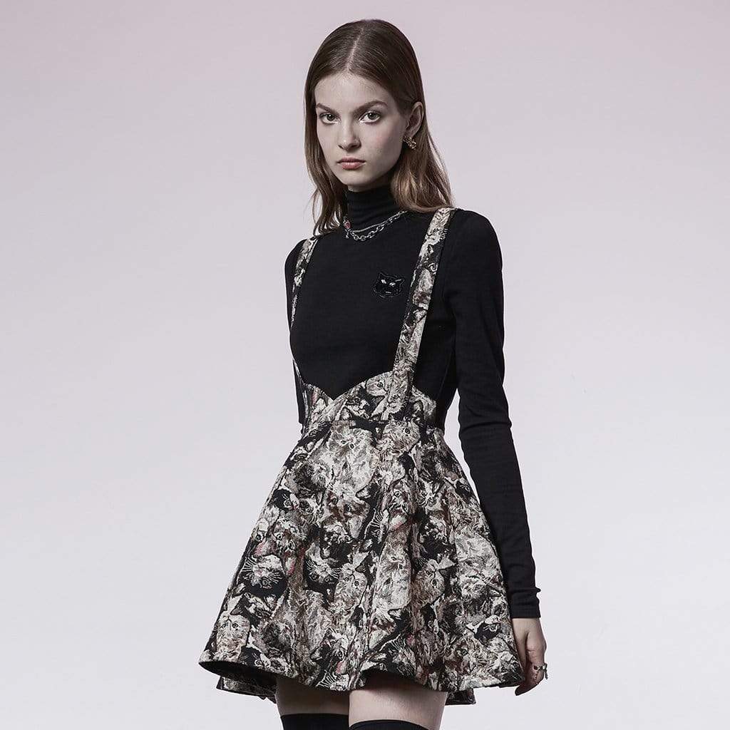 Women's Grunge Cat Printed Suspender Skirt