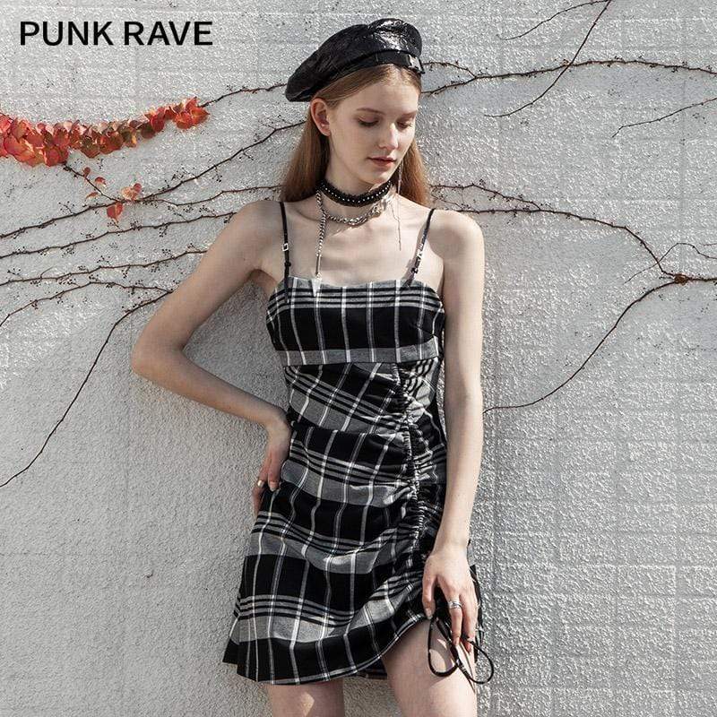 Women's Grunge Drawstring Plaid Slip Dresses