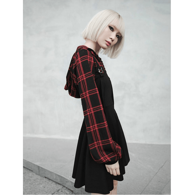 Women's Grunge False Two Pieces Hoodied Plaid Overall Dresses