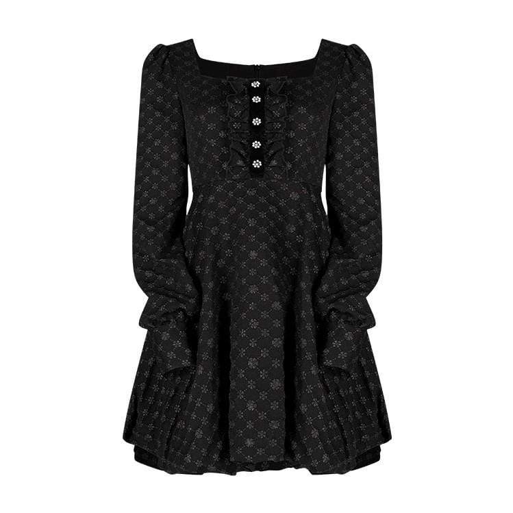 Women's Grunge Floral Printed Bud Hem Black Dress