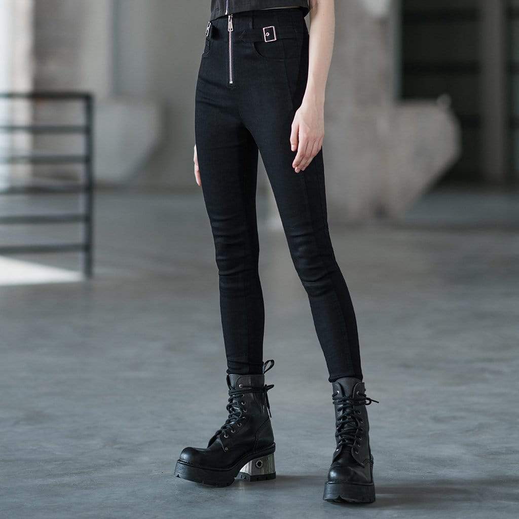Women's Grunge Front Zip Black Skinny Jeans