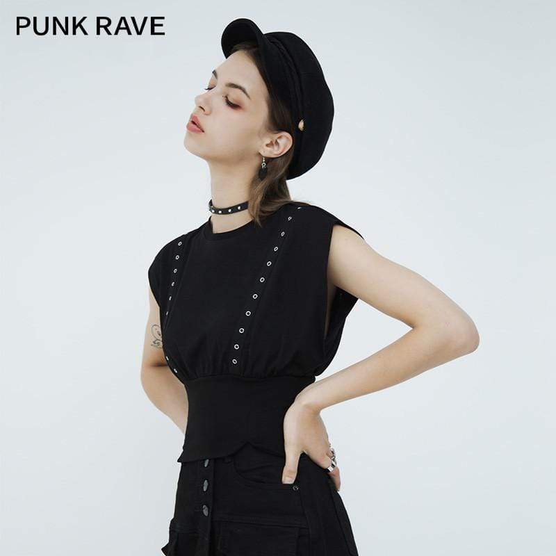 Women's Grunge Grommet Short Sleeved Crop Tops