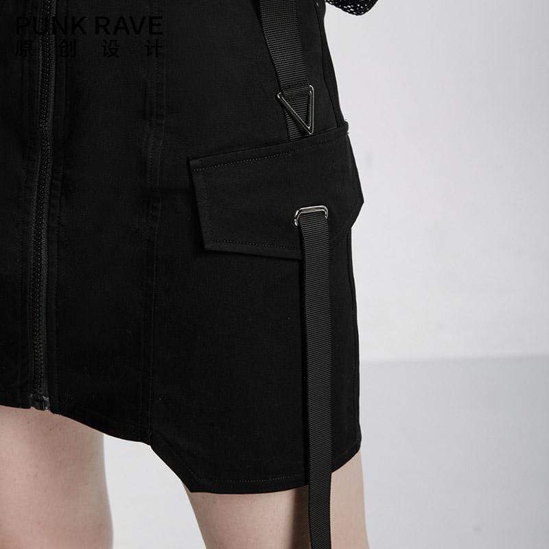 Women's Grunge High-waisted Black A-line Short Skirt with Belt