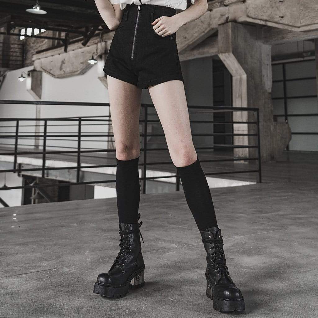 Women's Grunge High-Waisted Front Zip Black Shorts with Belt