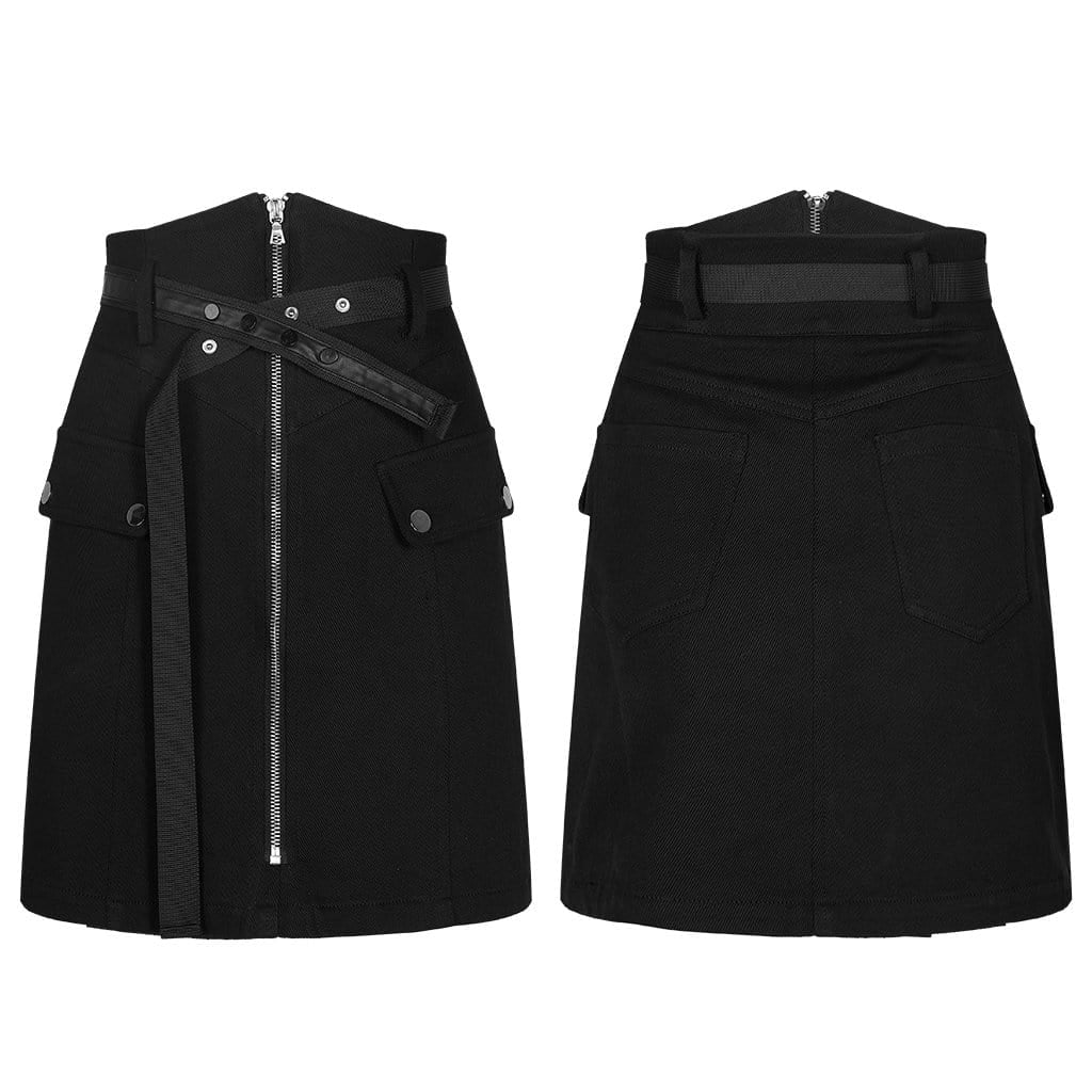 Women's Grunge High-Waisted Front Zip Denim Skirts with Belt