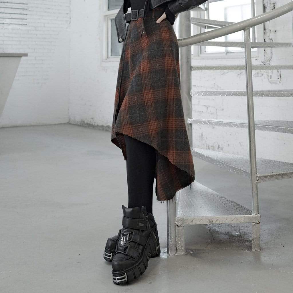 Women's Grunge High-Waisted Plaid Irrgular Skirt with Belt