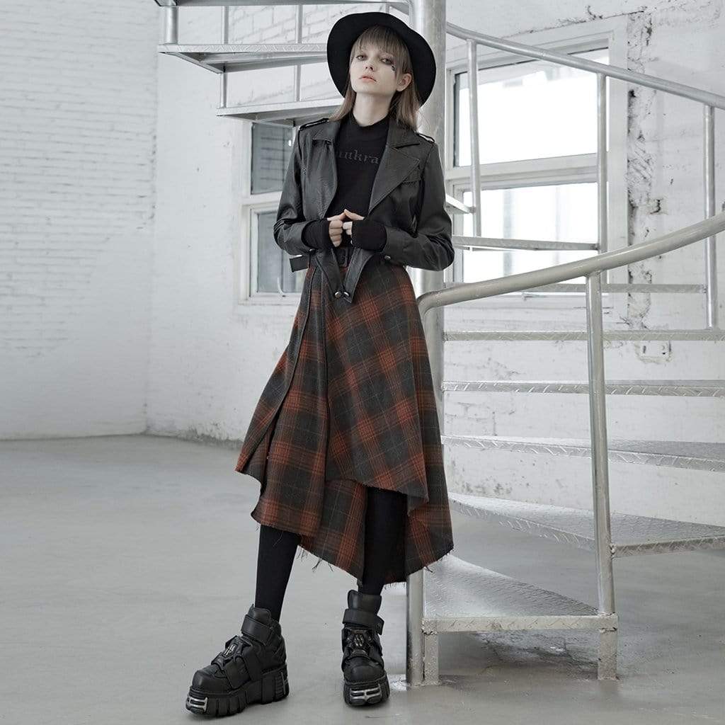 Women's Grunge High-Waisted Plaid Irrgular Skirt with Belt