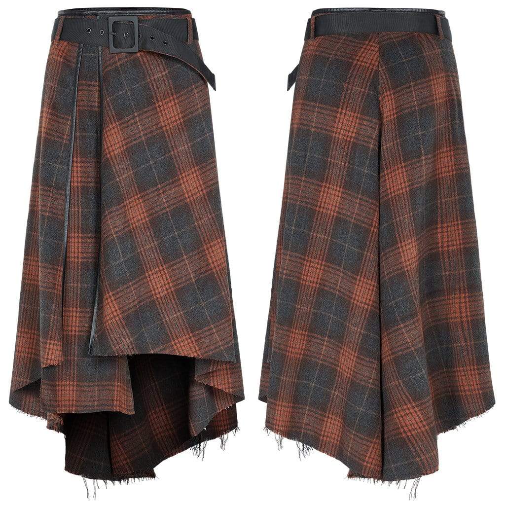 Women's Grunge High-Waisted Plaid Irrgular Skirt with Belt