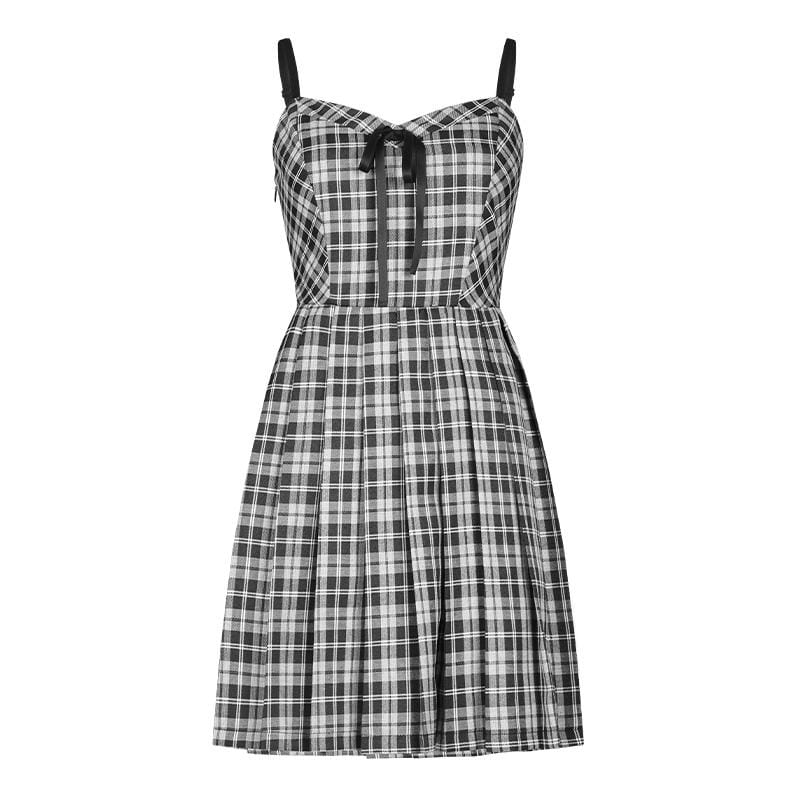 Women's Grunge High-waisted Plaid Pleated Slip Dress