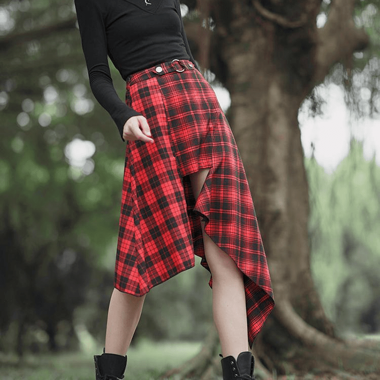 Women's Grunge High-waisted Red Plaid Irregular Skirt