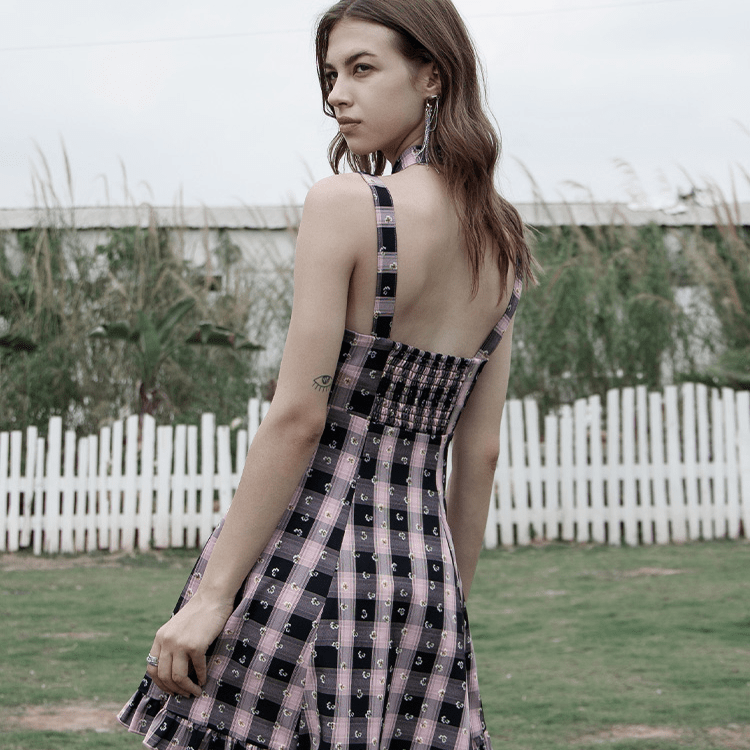 Women's Grunge Lace-up Plaid High-waisted Slip Dress