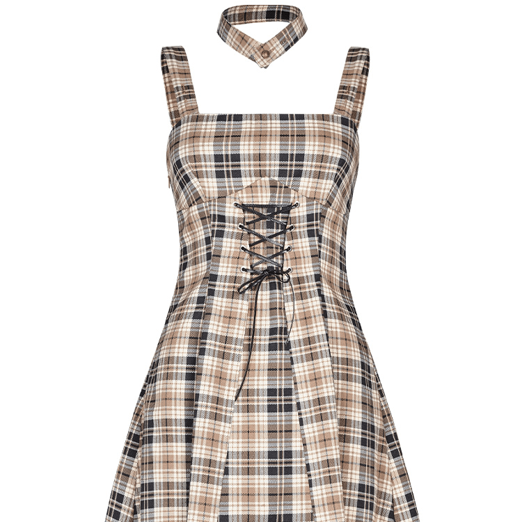 Women's Grunge Lace-up Plaid High-waisted Slip Dress