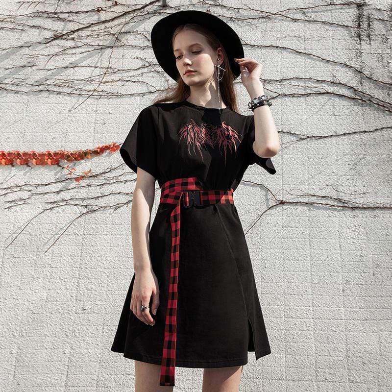 Women's Grunge Love Heart Printed Black Shirt Dresses with Red Plaid Belts